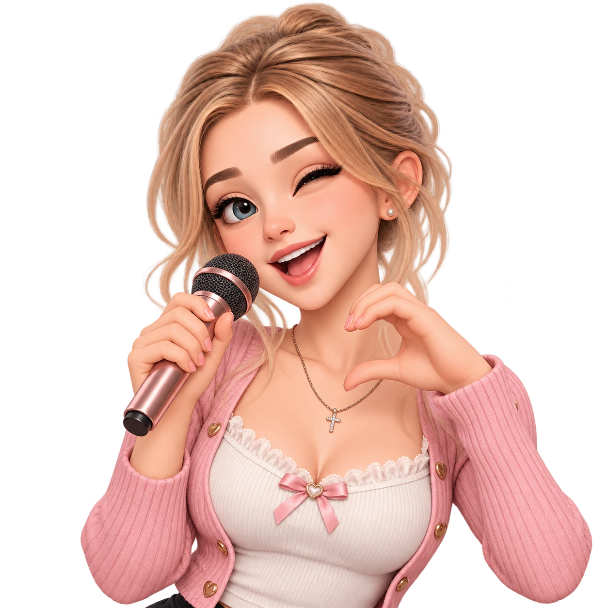 Nola winks with a rose microphone and a heart gesture