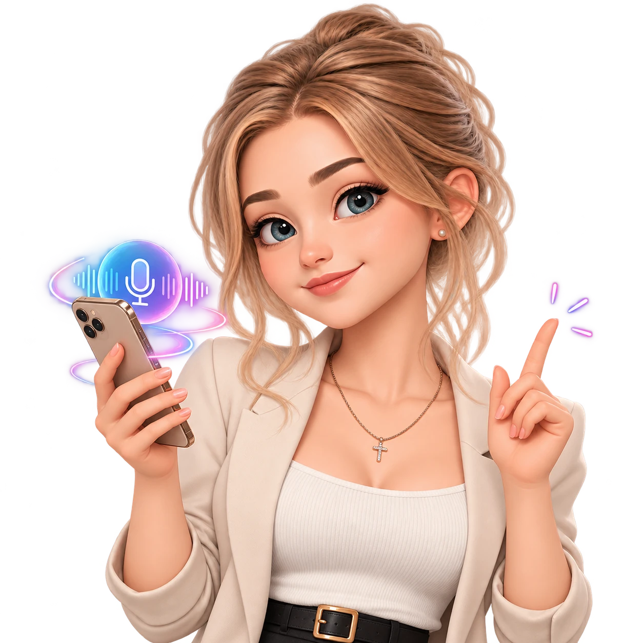 Nola holding a phone with a glowing voice icon